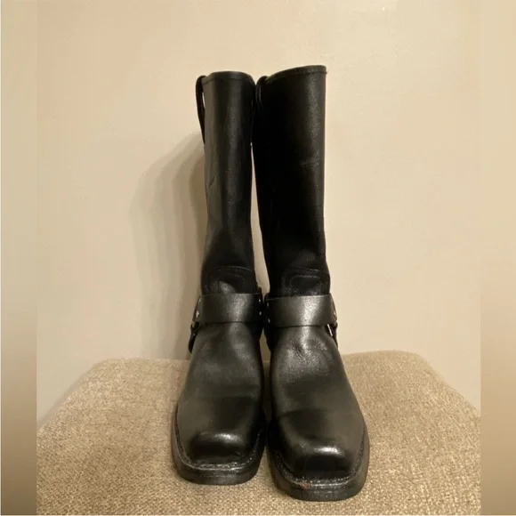$495 Frye Harness Black Biker Square Toe Metallic Glitter Cowboy Boots - Picture 15 of 16